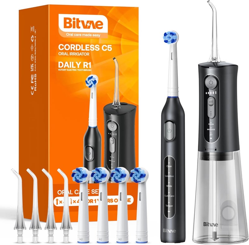 Bitvae Water Dental Flosser Teeth Picks, Cordless Water Flosser for Teeth, Braces, Dental Care and Rechargeable Rotary Electric Toothbrush Combo Set, 4 Tips, 4 Brush Heads, Waterproof, Black, C5+R1 - Image 1